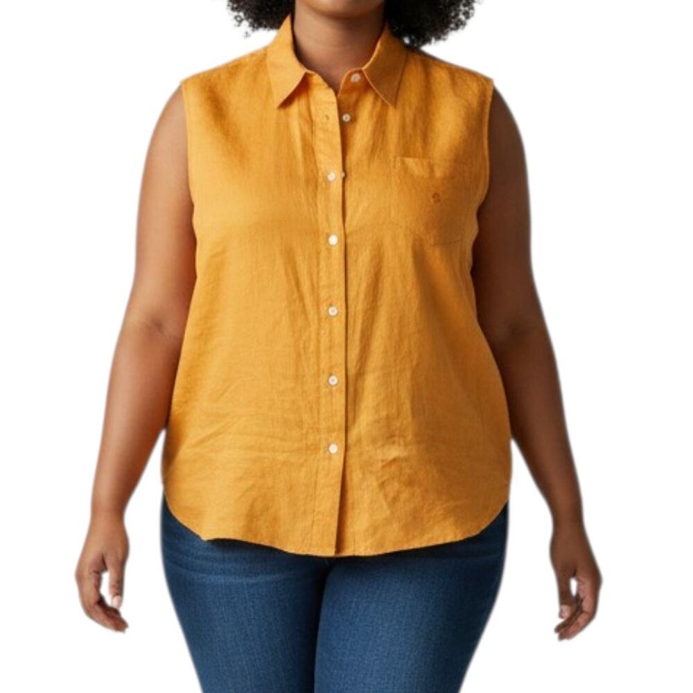 Women Ralph Lauren 100% Linen Sleeveless Button Up Collared Shirt Orange 3X